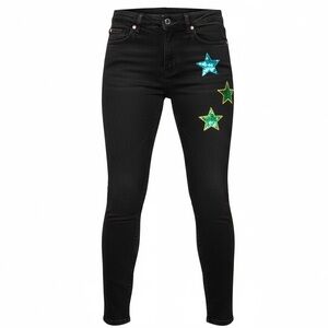 NWT! Valentino Mid-Rise Black Skinny Jeans Colorful Star Accents XS